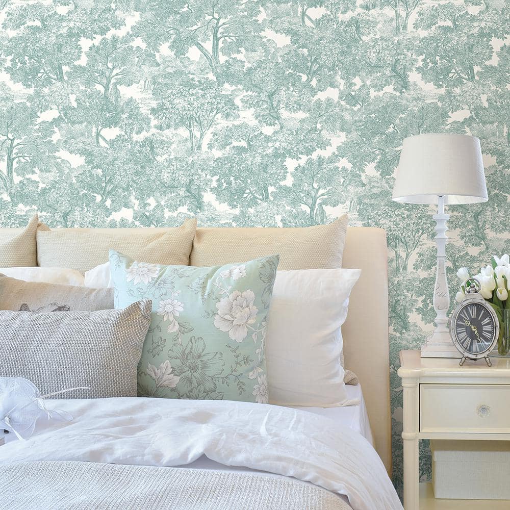 Teal and White Hand Drawn Toile Wallpaper Roll