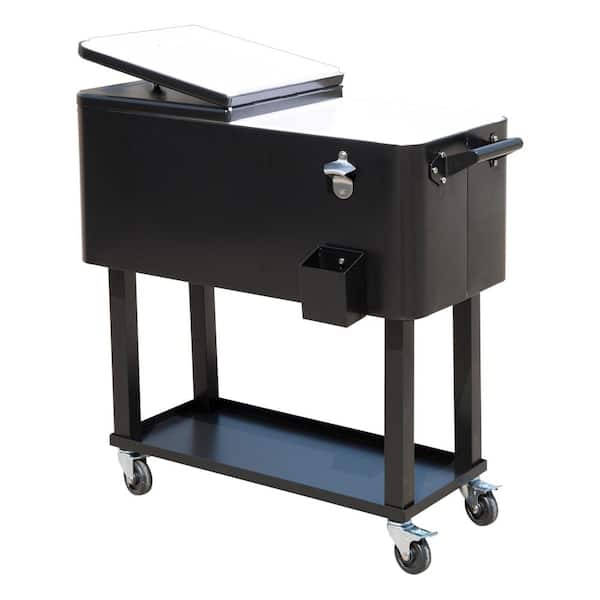 80 QT Cooling Bins Ice Chest with Wheels, Outdoor Stand Up Drink Cooler Cart for Party, Camping, Black