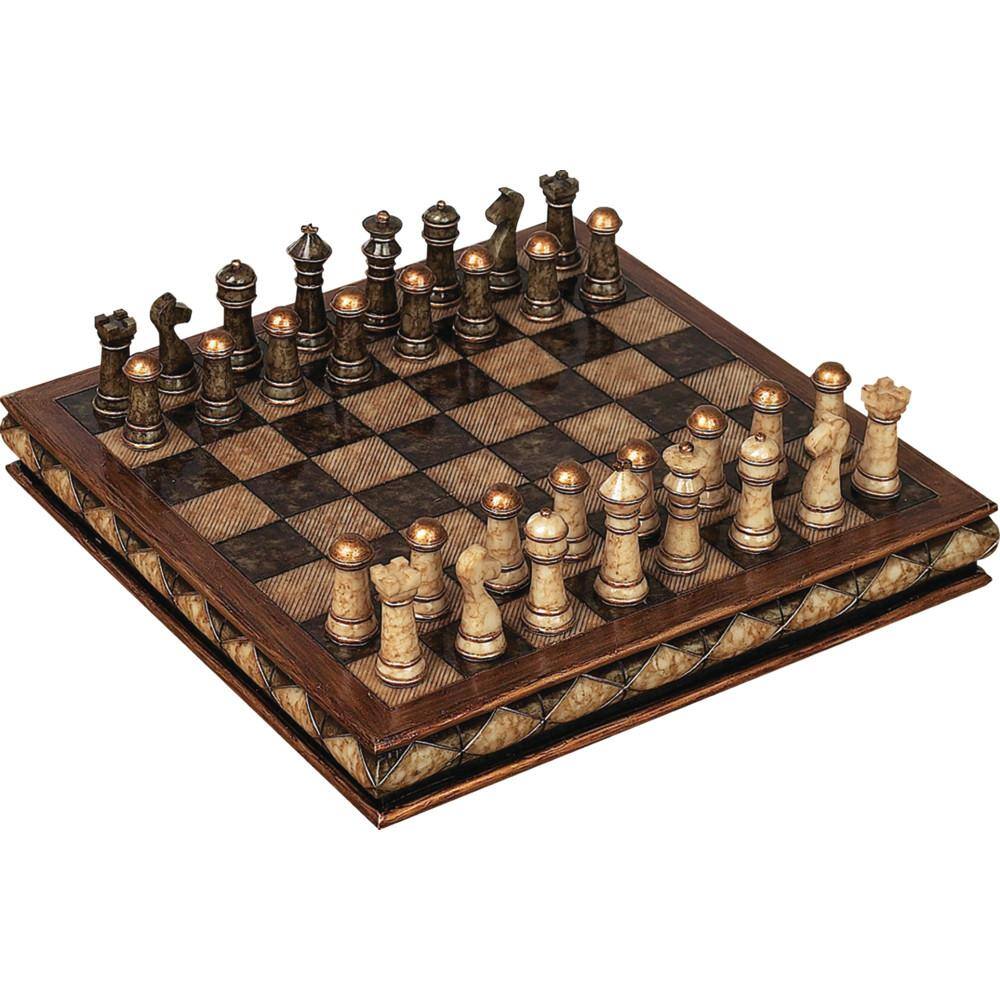 Brown Polystone and Brass Chess Set with Mahogany Finish