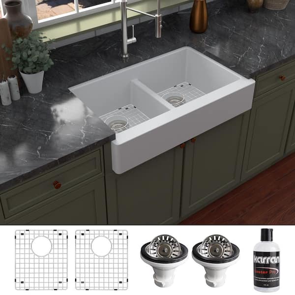 Karran QAR-750 Quartz/Granite 34 in. Double Bowl 50/50 Retrofit Farmhouse/Apron Front Kitchen Sink in White w/Grid and Strainer