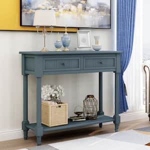 35 in Navy Rectangle Wood Console Table with Two Drawers and Bottom Shelf, Sofa Table for Entryway, Living Room