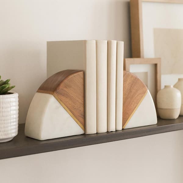 White 5 in. x 5 in. Stone Bookends with Wood and Brass Detail (Set of 2)