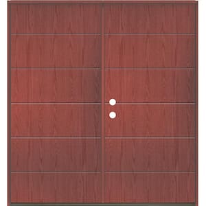 TETON Modern 72 in. x 80 in. Right-Active/Inswing 6-Grid Solid Panel Redwood Stain Double Fiberglass Prehung Front Door