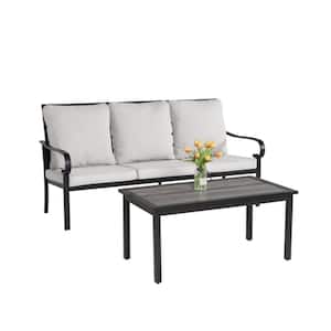2-Piece Outdoor Black Metal Frame Patio Conversation Sofa Table Set with Gray Cushions for Deck, Porch and Balcony