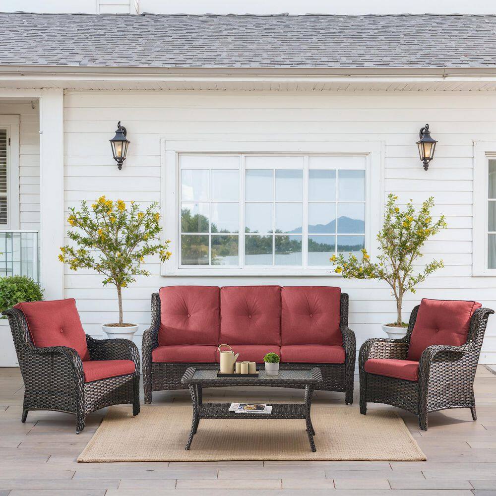 Carlos 4-Piece All-Weather Brown Wicker Patio Conversation Set with Armchairs, CushionGuard Red Cushions price history on PriceWatchPro