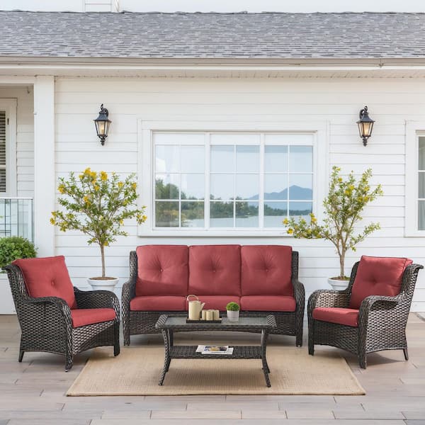 Gymojoy Carlos 4-Piece All-Weather Brown Wicker Patio Conversation Set with Armchairs, CushionGuard Red Cushions