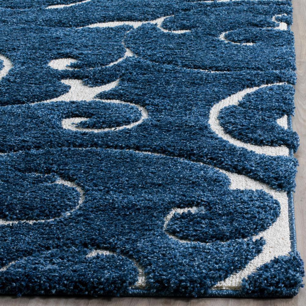 Elegant Dark Blue and Cream Square Synthetic Shag Rug 4' x 4'