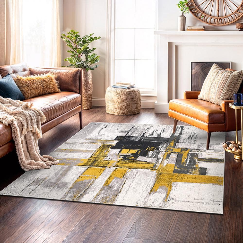 Gold and Gray Abstract Square Area Rug 6'6" x 6'6"