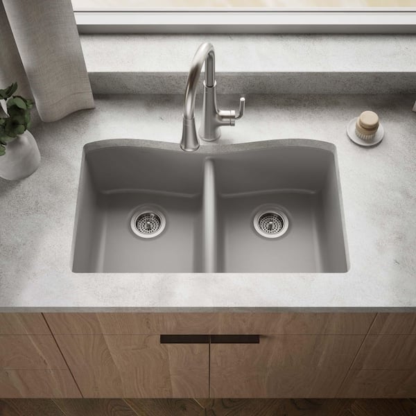 Kennon Neoroc Matte Grey Granite Composite 33 in. 1-Hole Double Bowl Drop-In Kitchen Sink