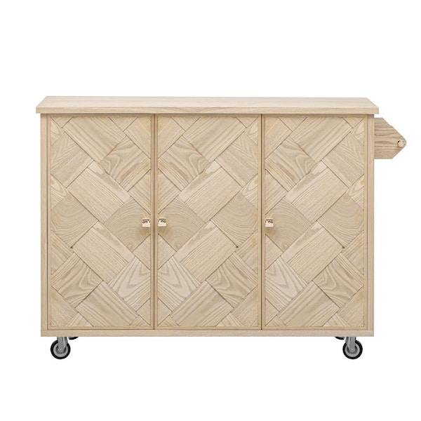 Cesicia Nature Wood ASH Veneer Handwoven 51.2 in. Farmhouse Kitchen Island on 4 Wheels with Drop Leaf, Internal Storage Rack