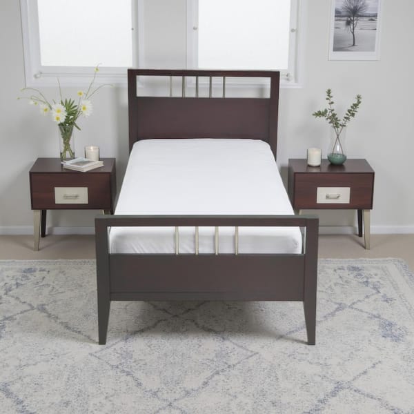 Fang Espresso Brown Twin Wood Frame Sleigh Bed with Headboard and Metal Bars