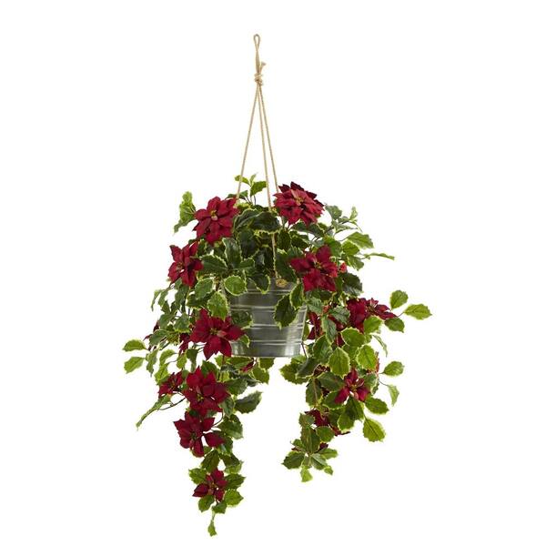 Nearly Natural 3.5 ft. Red Poinsettia and Variegated Holly Artificial Plant in Hanging Metal Bucket (Real Touch)
