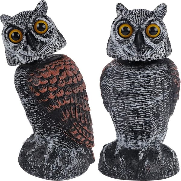 2-Pack Fake Owl Decoys for Scare Away Birds, Swivel Head Bird Repellent, Natural Enemy Scarecrow Plastic Statue