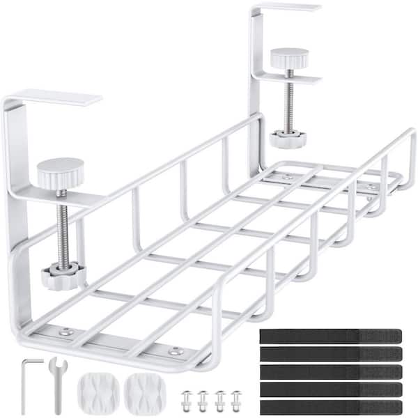 Under Desk Cable Management Tray 15.7 in. No Drill Steel Wire Organizer Metal Tray with Clamp Mount White