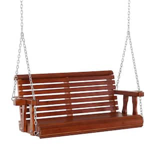 2-Person Natural Wooden Porch Swing with Cupholder Armrests in Brown