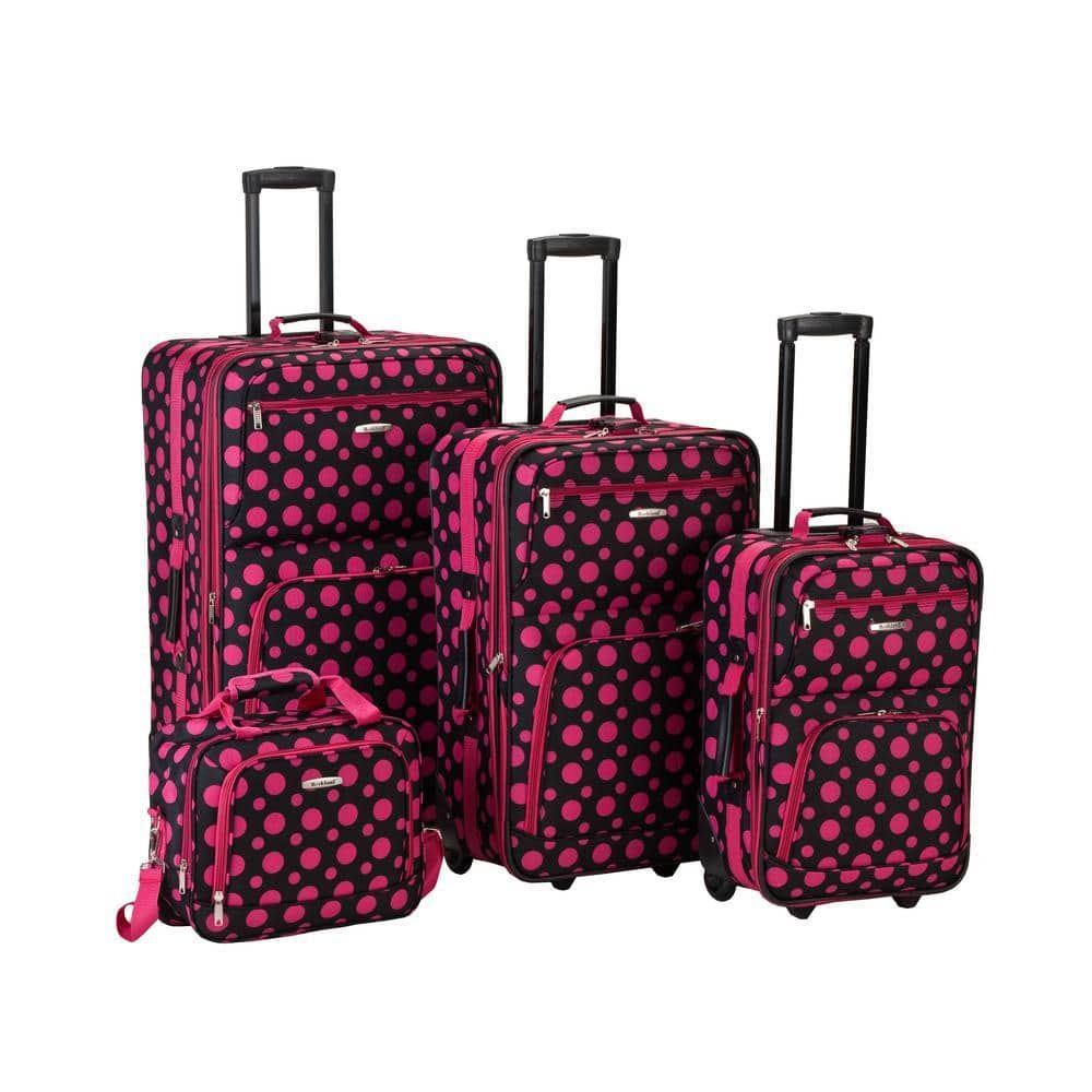 Beautiful Deluxe Expandable Luggage 4-Piece Softside Luggage Set, Black/Pink Dot