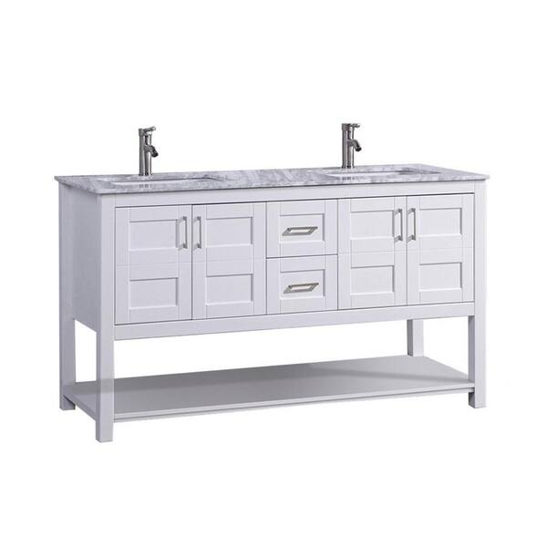 MTD Vanities Nord 60 in. W x 22 in. D x 36 in. H Double Vanity in White with Grey/White Carrara Marble Vanity Top with White Basin