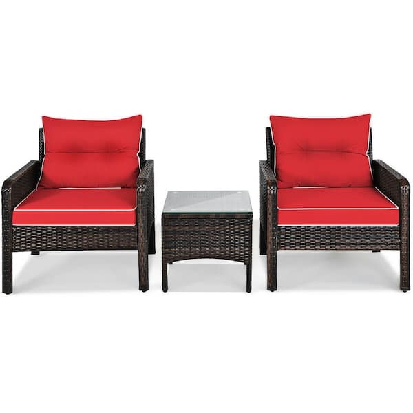 WELLFOR 3-Piece Wicker Patio Conversation Set with Red Cushions