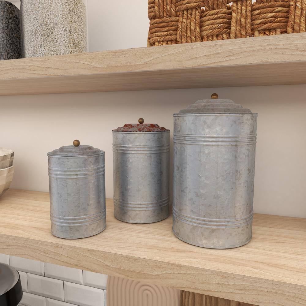 Gray Galvanized Metal Cylinder Canister Set with Lids