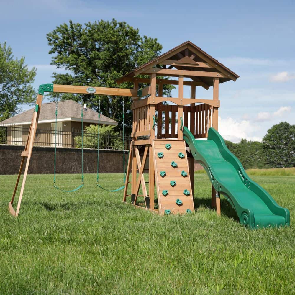 Lightning Ridge Outdoor Playground Set Wooden  PlaySet w/ Wave Slide, Swing Set, and Rock Climbing Wall -  Backyard Discovery, 2200159COM