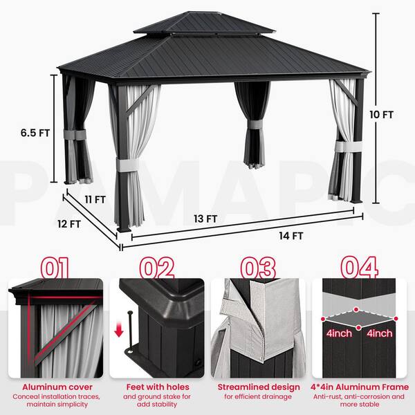 PamaPic 12 ft. x 14 ft. Black Metal Hardtop Gazebo with