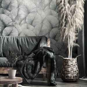 Kumano Collection Silver Textured Palm Leaf Glitter/Shimmer Finish Non-Pasted Vinyl on Non-Woven Wallpaper Sample