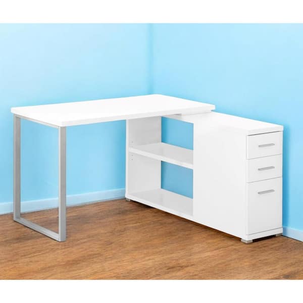 HomeRoots 47.25 in. L-Shaped White Metal 3-Drawer Computer Desks