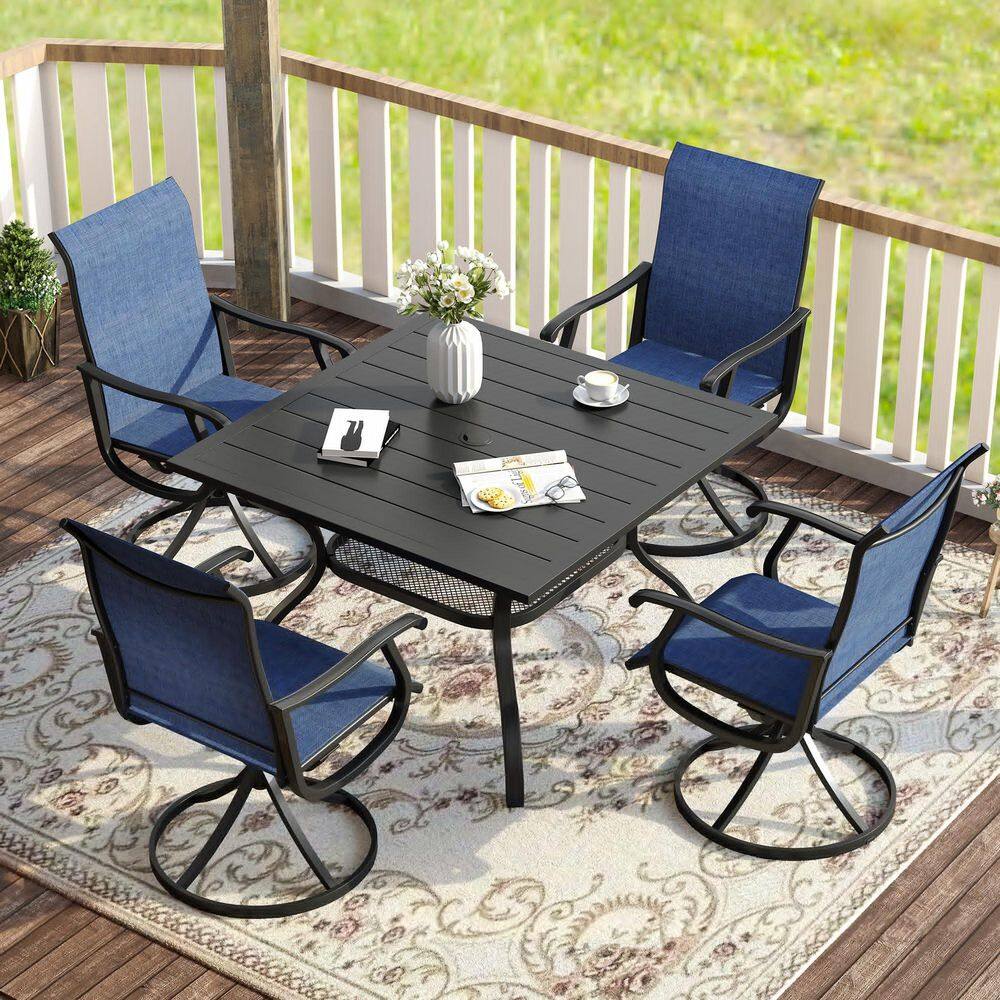 5-Piece Metal Outdoor Dining Set with 37.8 in. Black Square Table and 4 Blue Swivel Patio Dining Chairs price history on PriceWatchPro