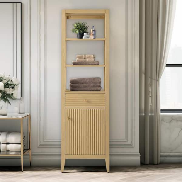 Vanity Art 21 in. W x 17 in. D x 72 in. H Brown Freestanding Linen Cabinet in Linear Natural Oak with Golden Hardware