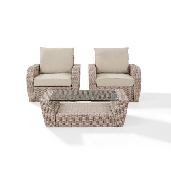 Crosley St Augustine 3-Piece Wicker Patio Outdoor Seating Set with Oatmeal Cushion - 2 Wicker Outdoor Chairs, Coffee Table