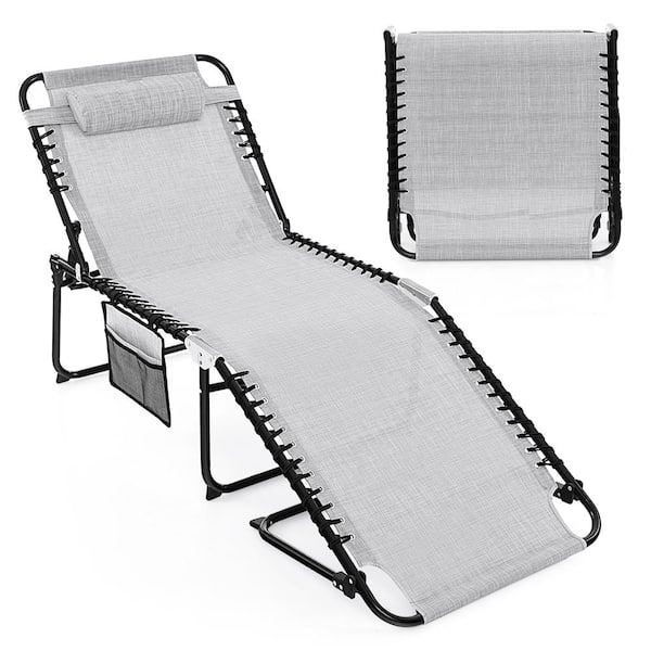 Costway Gray Metal Folding Outdoor Chaise Lounge Chair 4 Position Patio Recliner with Pillow Sunbathe Chair