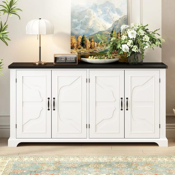Black White MDF 62.8 in. Sideboard with 4 Metal Handles