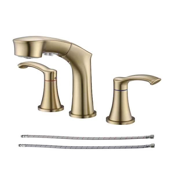 Pdpbath 8 in. Widespread Double Handle 3 Holes Bathroom Faucet with Pull Out Spout in Brushed Gold
