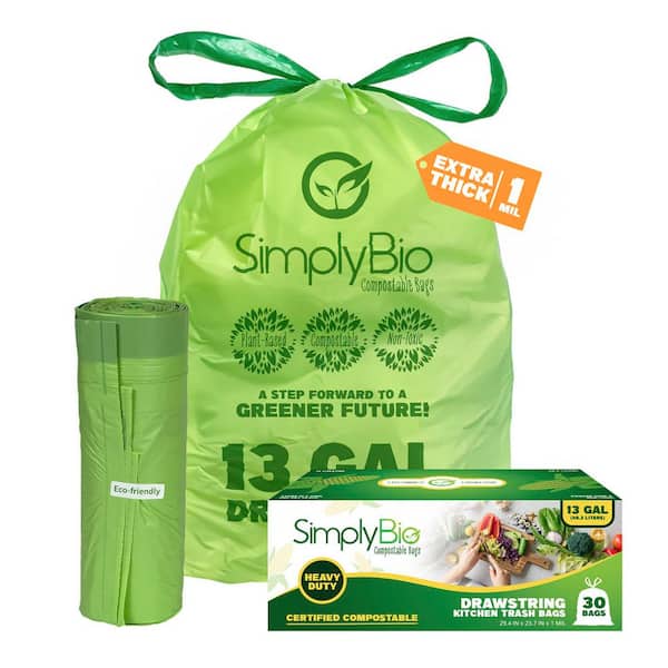 13 Gal. Compostable Trash Bags, Drawstring Heavy-Duty 1 Mil., Tall Kitchen Food Scrap Waste Bag (30-Count)