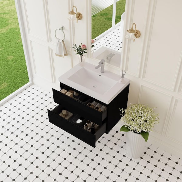 30 in. W x 19-3/4 in. D x 22-1/5 in. H Bathroom Wall Hung Vanity in Black with Single Basin Vanity Top in White Resin