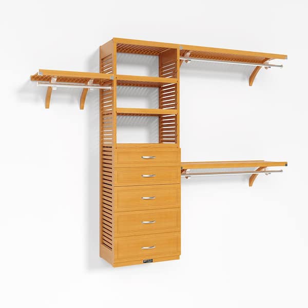 72 in. W - 120 in. W Honey Maple Walk in with 5 Drawers 16 in. Shelf Wood Closet System
