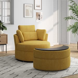 Mustard Yellow Chenille Upholstered Swivel Accent Barrel Chair with Storage Ottoman and Pillows (Set of 1)