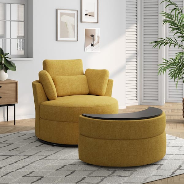 Uixe Mustard Yellow Chenille Upholstered Swivel Accent Barrel Chair with Storage Ottoman and Pillows (Set of 1)