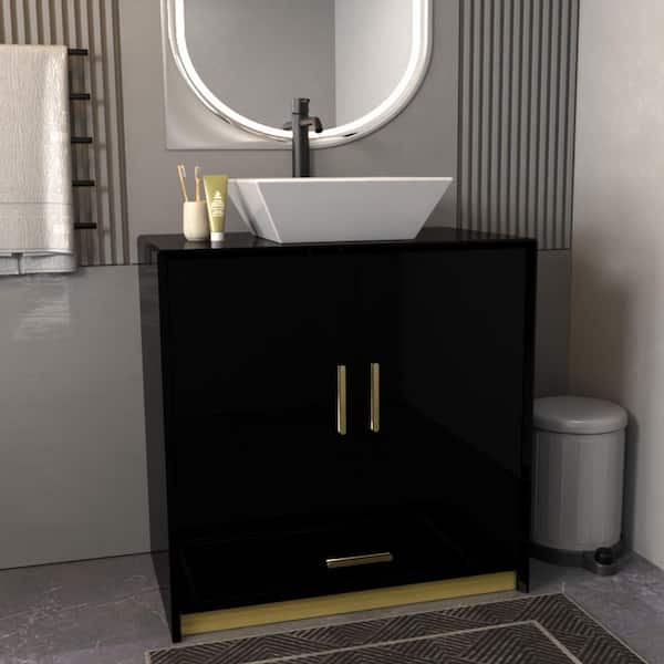 30 in. W x 18.9 in. D x 31.5 in. H Bath Vanity in Black with Marble Top, Bathroom Cabinet with 2 Doors & Drawer