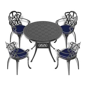 5-Piece Black Cast Aluminum Outdoor Dining Set, Patio Furniture with 39.37 in. Round Table and Random Color Cushions