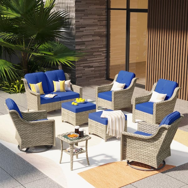 XIZZI Leila 8-Piece Wicker Patio Conversation Seating Sofa Set with Navy Blue Cushions and Swivel Rocking Chairs