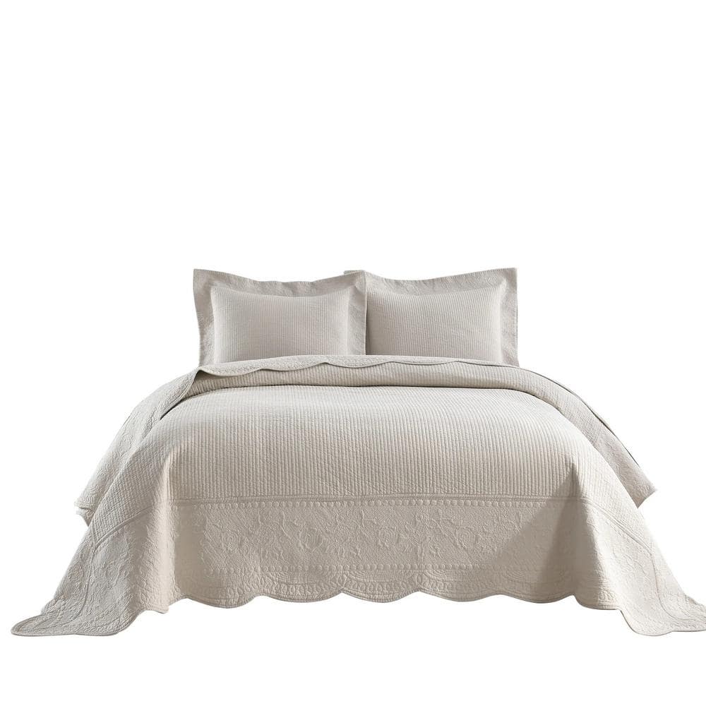 King Size Khaki Cotton Reversible Embroidered Bedspread Set