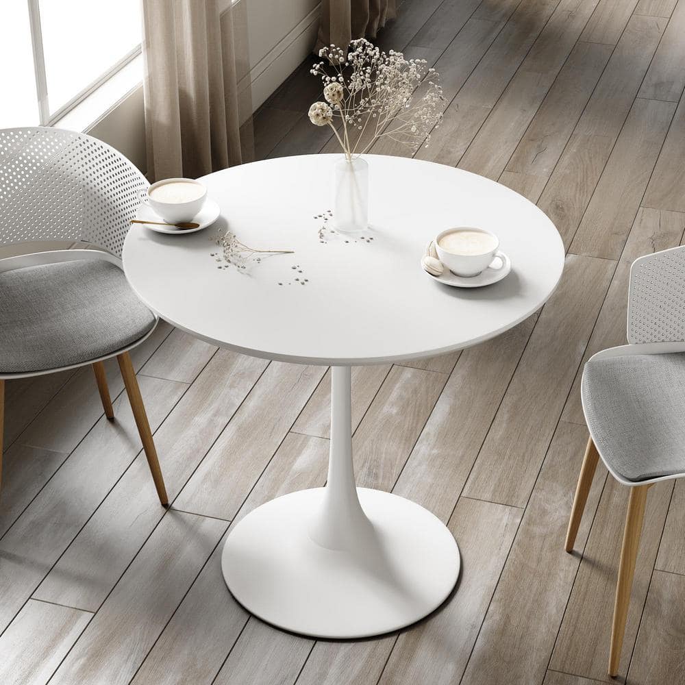 34" Modern Round Wood & Metal Dining Table in High Gloss White