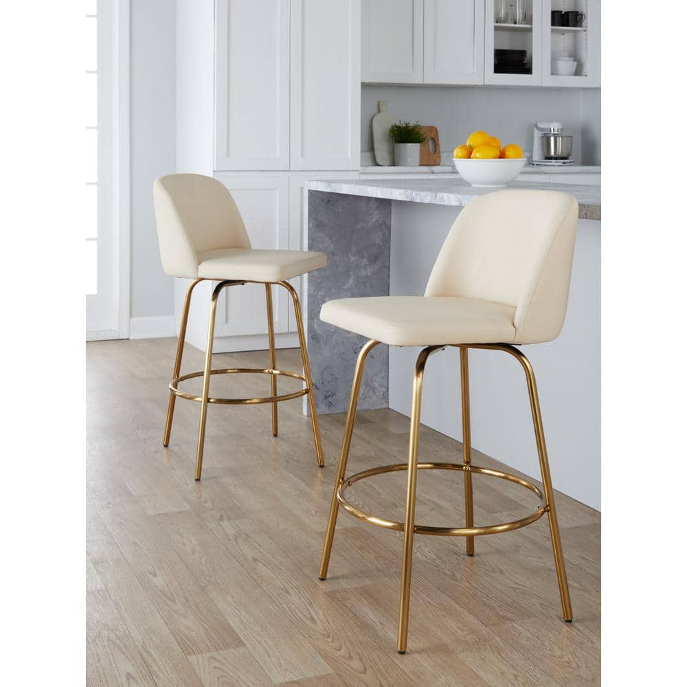 Cream Upholstered Swivel Counter Stool with Gold Metal Frame