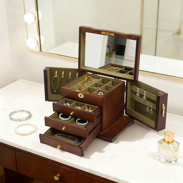 YIYIBYUS 4-Drawer Wooden Jewelry Box with Mirror and Lock OT-ZJGJ