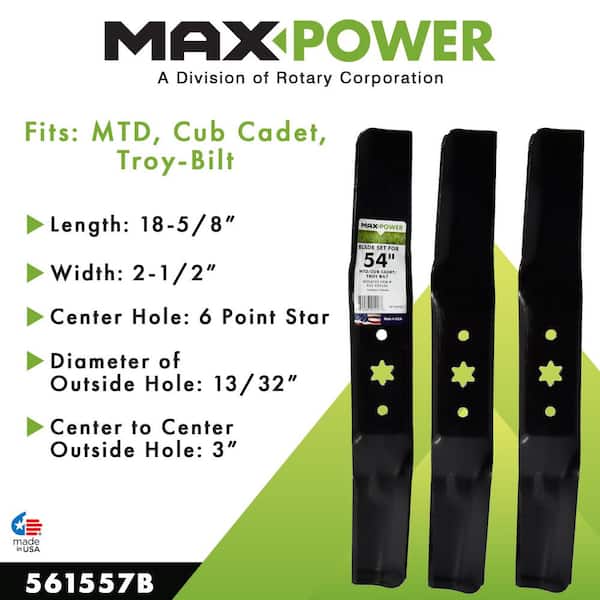 MaxPower 3 Blade Set for Many 54 in. Cut MTD, Cub Cadet, Troy-Bilt,  Craftsman Mowers Replaces OEM #'s 942-05056, 742-05056 561557B - The Home  Depot