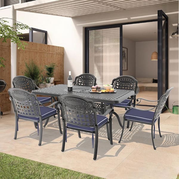 Willit Elegant 7-Piece Cast Aluminum Outdoor Dining Set with Blue Cushion