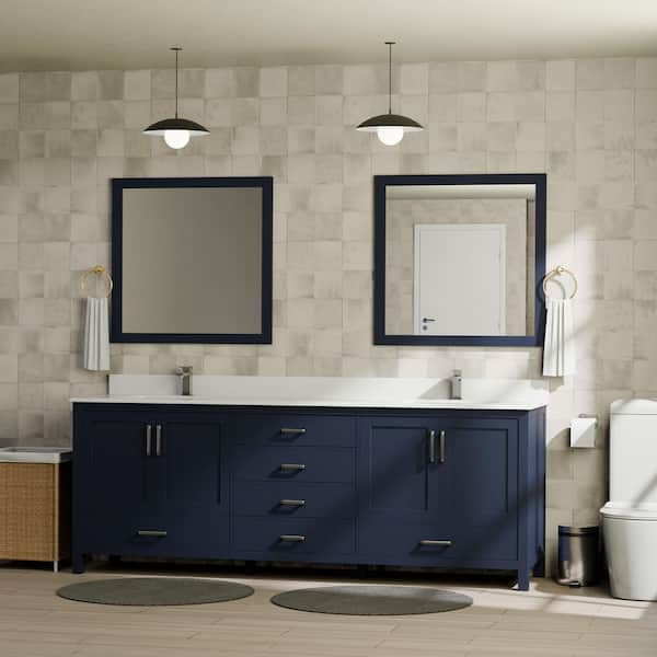 Lexora Jacques 80 in. W x 22 in. D Navy Blue Bath Vanity, Cultured Marble Top, and Faucet Set