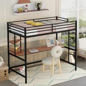 Black Twin Size Metal Loft Bed with Built-in Wood Desk, 2-Shelves