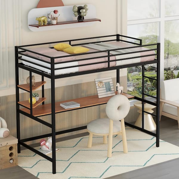 Harper & Bright Designs Black Twin Size Metal Loft Bed with Built-in Wood Desk, 2-Shelves